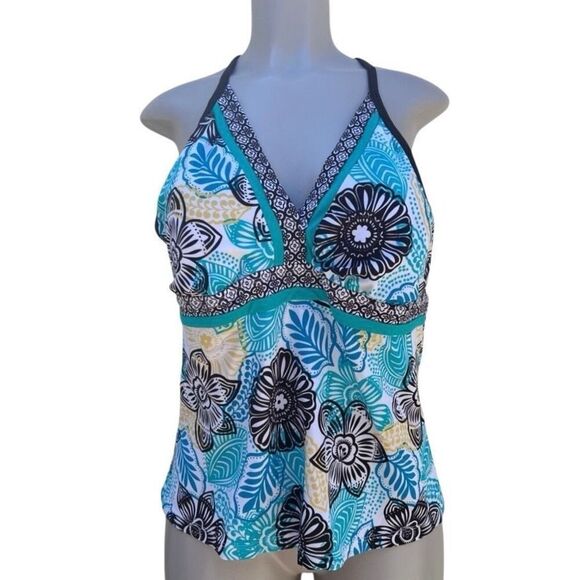 JAG Swim Tankini Top Women's Medium Green Multi Floral Halter V-neck Racerback - Picture 1 of 9